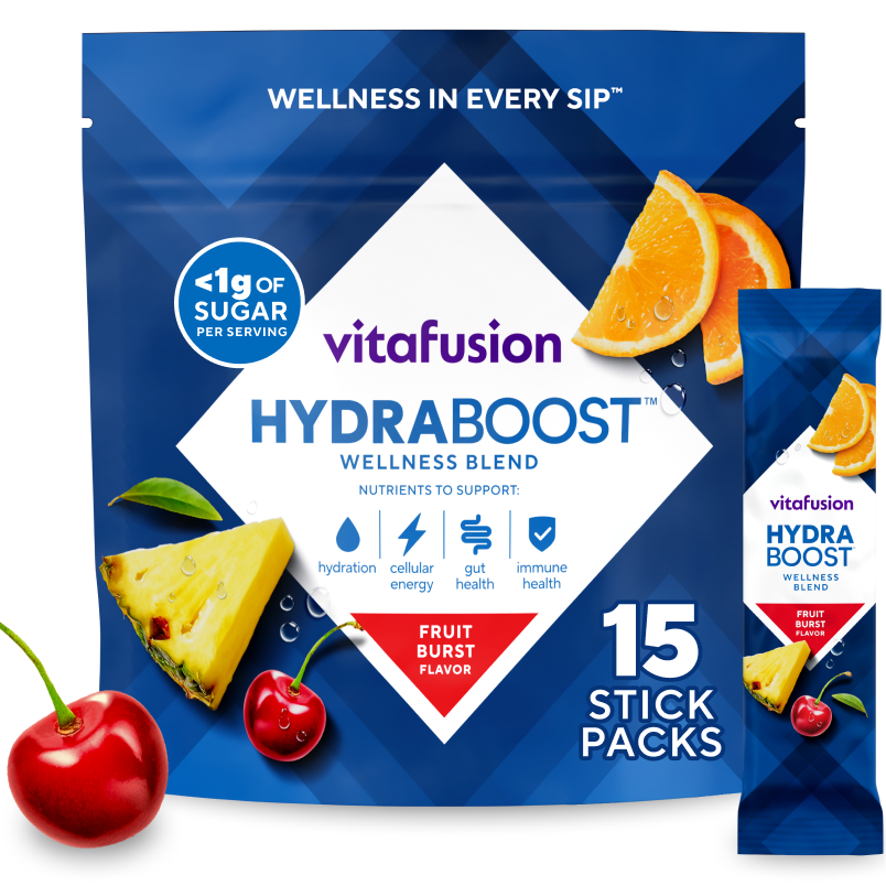 Hydraboost Fruit Burst Wellness Blend Stick Packs.
