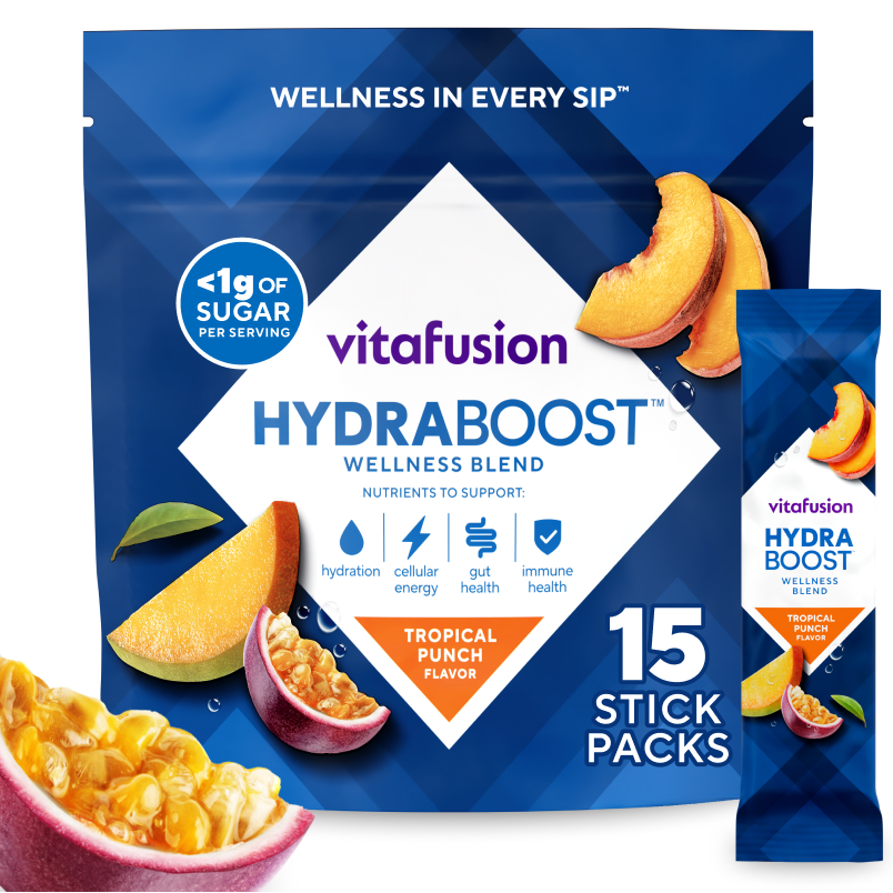 Hydraboost Tropical Punch Wellness Blend Stick Packs.